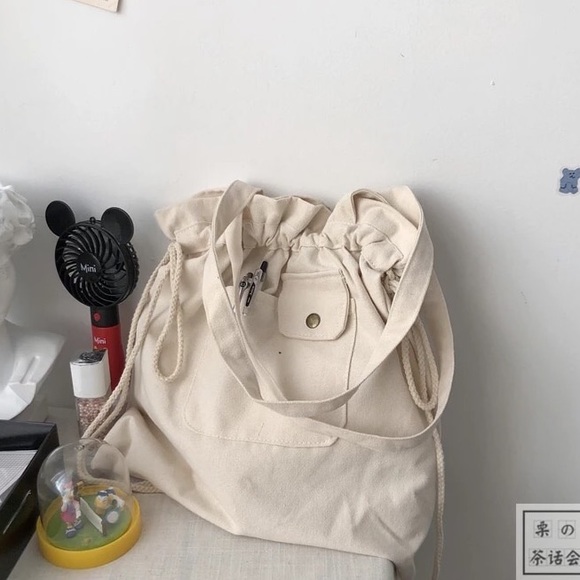 Canvas tote bag pocket plaid cream drawstring bags cute bear pins set checker - Picture 6 of 7